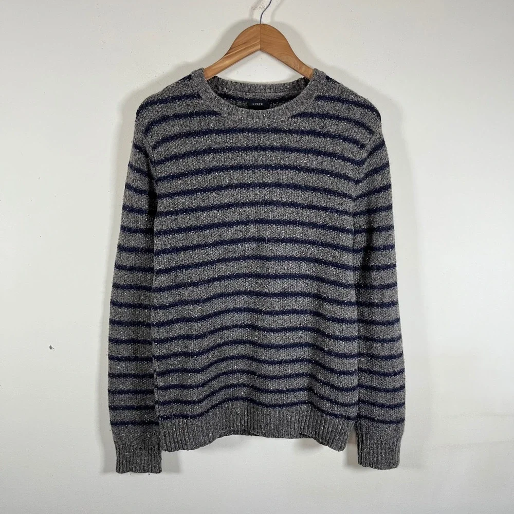 J. Crew Striped Knit Crewneck Wool Blend Donegal Sweater Navy Gray Mens Small